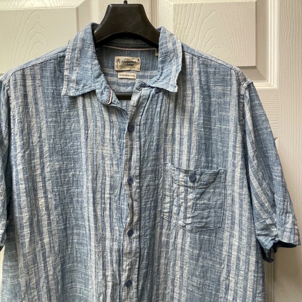 Weatherproof Vintage Men's XL Blue‎ Washable Linen Button Up Shirt Short Sleeve